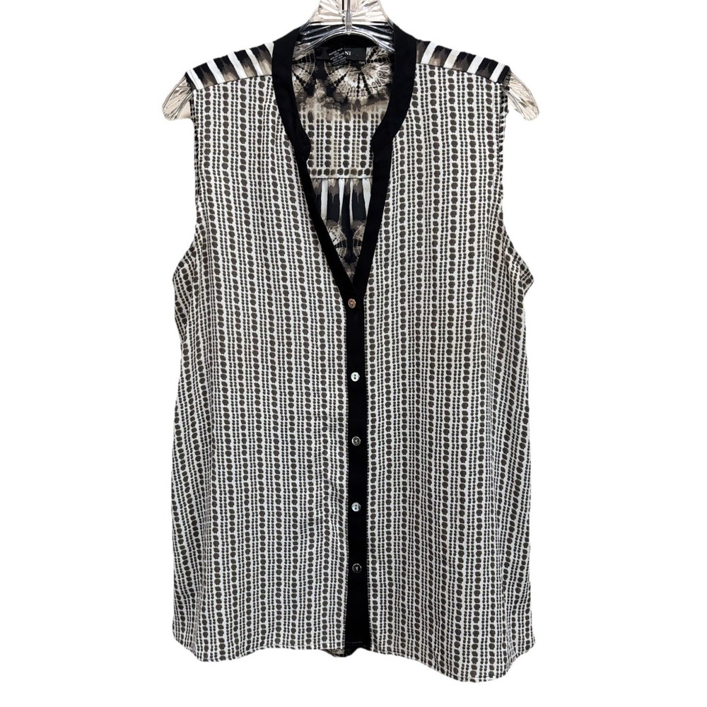 Alfani Blk/Gray Tie Dye/Dots Chiffon Sleeveless Button Up Blouse Size 12‎ Boho